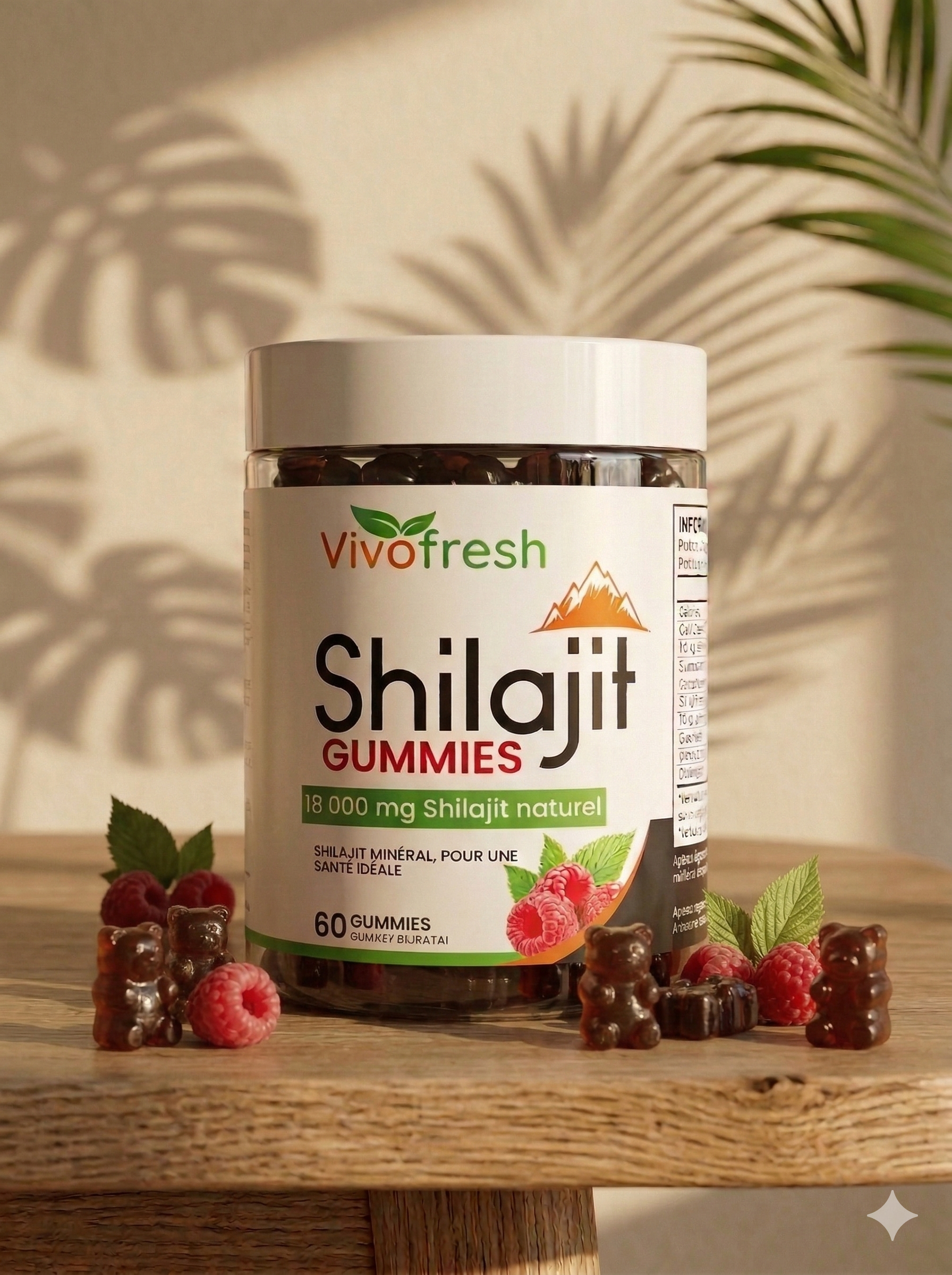 Flacon de Shilajit Gummies VivoFresh saveur Framboise, 60 gummies